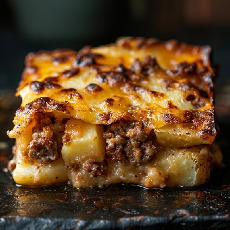 A close-up view of a cheesy hamburger potato casserole served on a rustic stone countertop, highlighting creamy texture and melted cheese.