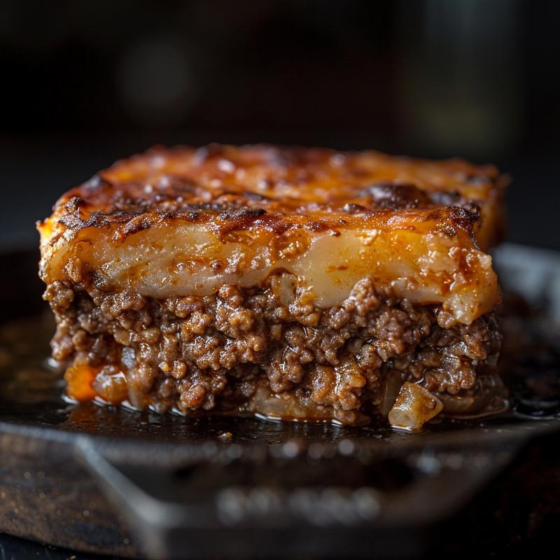 Close-up of a healthy ground beef casserole in a rustic cast iron dish, showcasing rich textures and colorful ingredients.