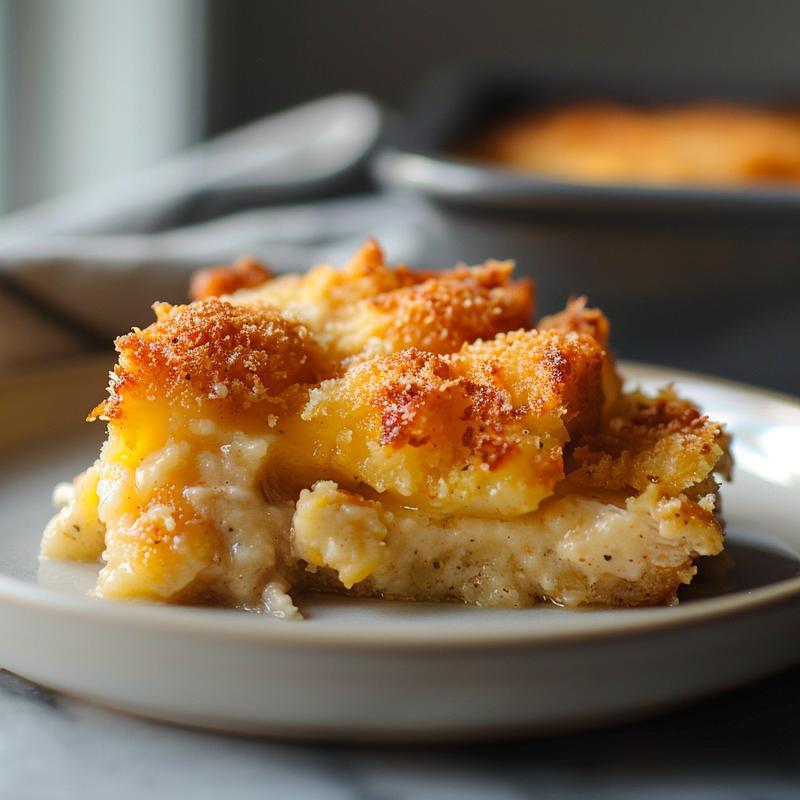 Close-up of a creamy crack chicken casserole on a light grey plate.