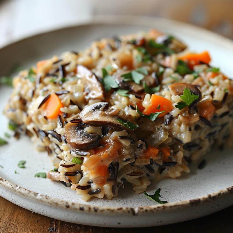 Close-up of a serving of wild rice and mushroom casserole on a light grey ceramic plate.