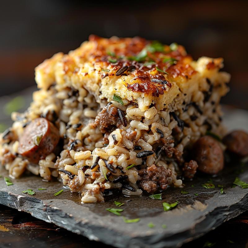 Close-up of a beef sausage wild rice casserole, showcasing its texture on a rustic, chipped slate plate.