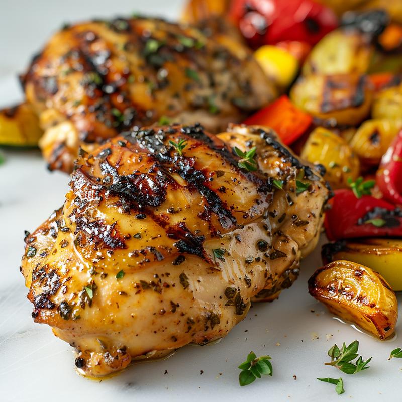 Close-up of grilled lemon herb chicken with vibrant roasted vegetables on a white marble surface.