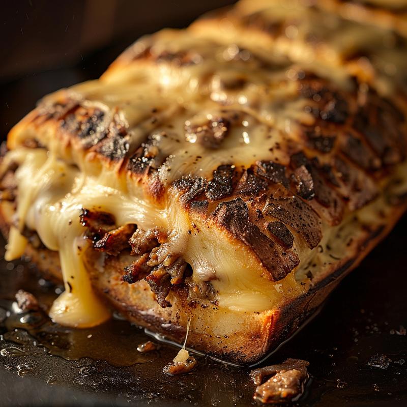 Close-up view of a portion of keto Philly cheesesteak rolls on a cast iron surface with rich shadows.