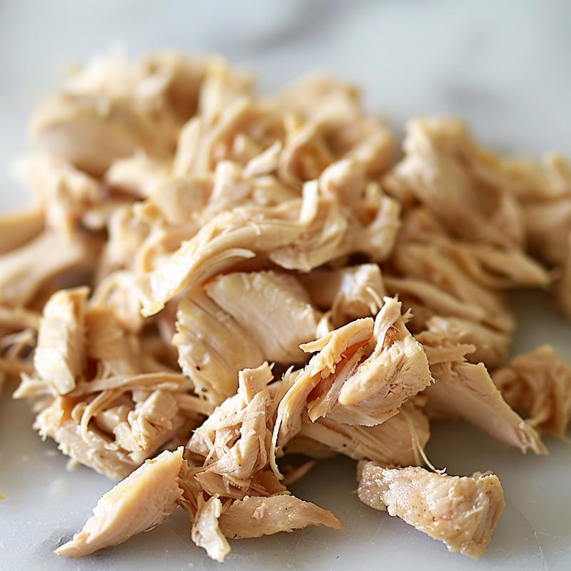 Close-up of tender, shredded chicken on a white marble surface.