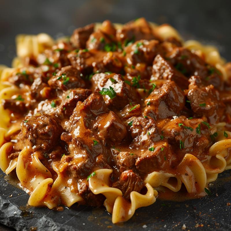 Close-up shot of a creamy slow cooker beef stroganoff served on a dark stone countertop.
