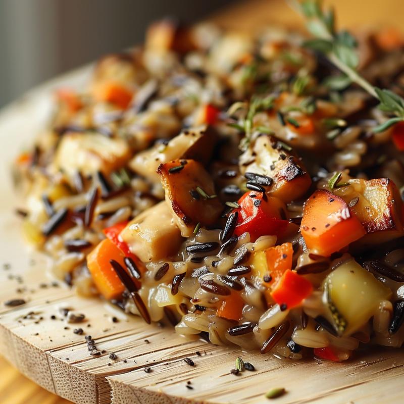 A close-up view of a portion of wild rice vegetable casserole on a light wooden board, showing vibrant vegetables and grains.