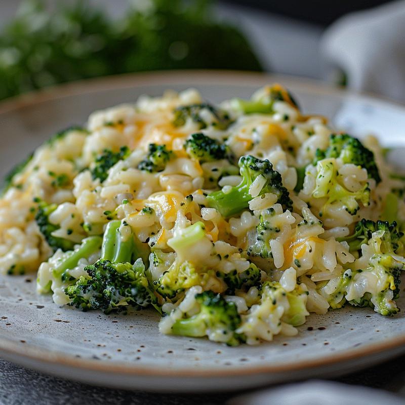 Close-up of a creamy cheesy broccoli rice casserole on a light grey plate.