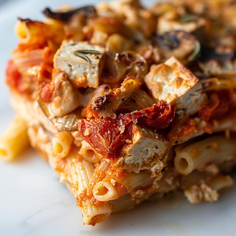 A close-up of vegan baked pasta topped with tofu ricotta, set on a white marble surface.