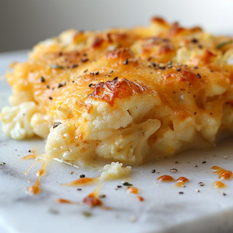 Close-up image of a cheesy cauliflower keto casserole on a marble surface, showcasing its creamy texture.