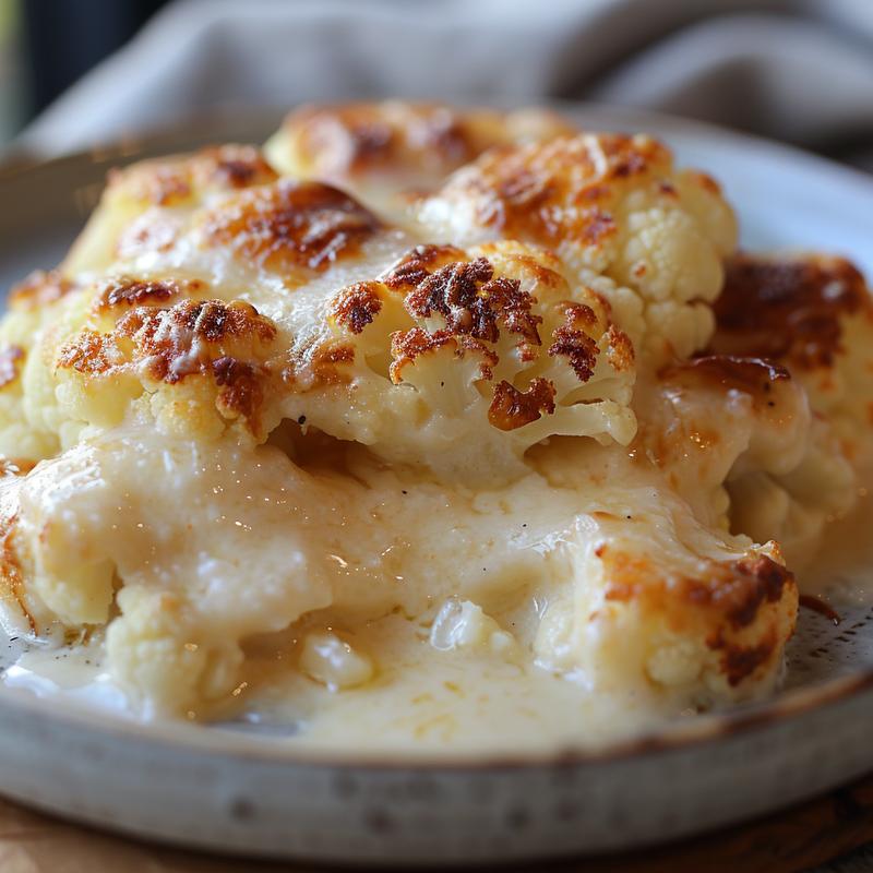 Close-up of creamy baked cauliflower cheese on a light grey plate.