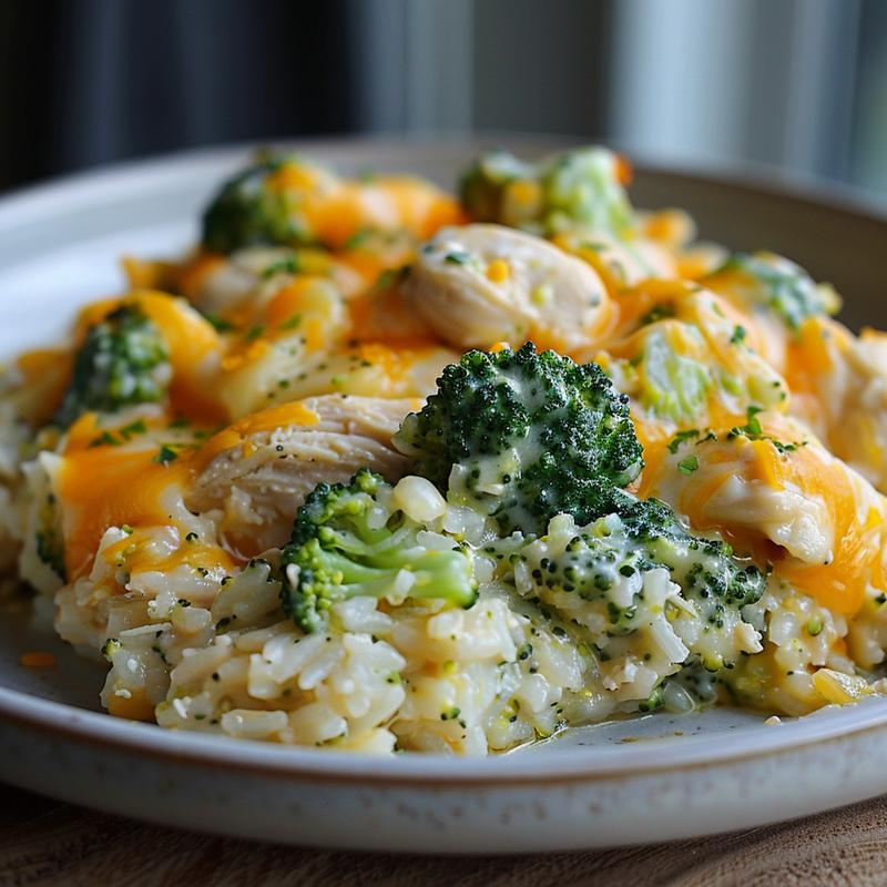 Close-up of broccoli cheddar chicken and rice casserole on a light grey ceramic plate.