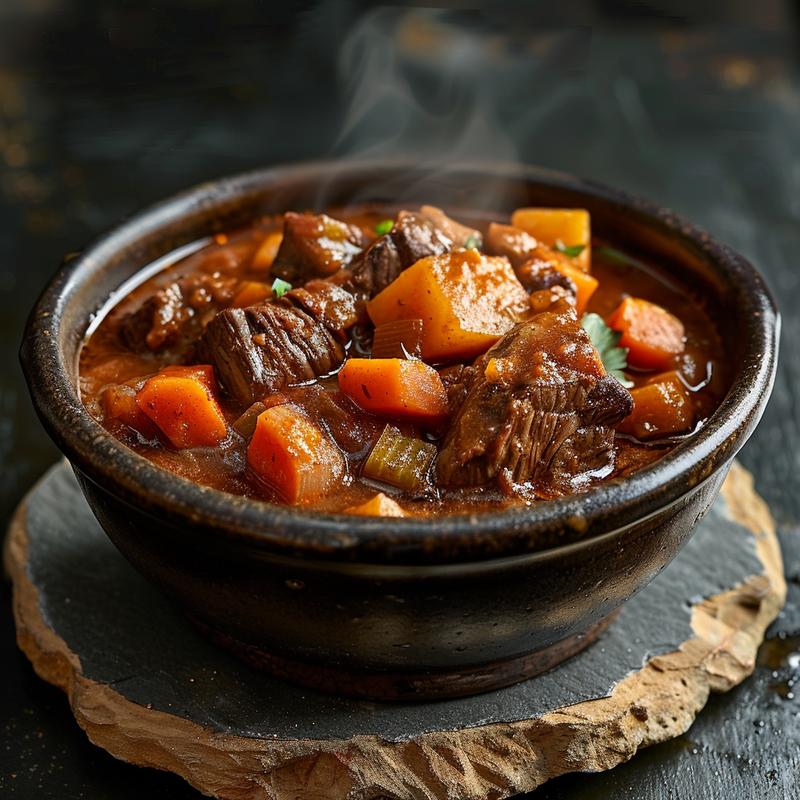 A close-up of a bowl of beef stew with steam rising, set on a textured slate plate.