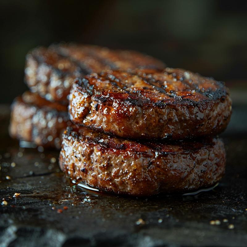 Close-up of a juicy stove top burger on a dark stone countertop, showing rich textures and shadows.