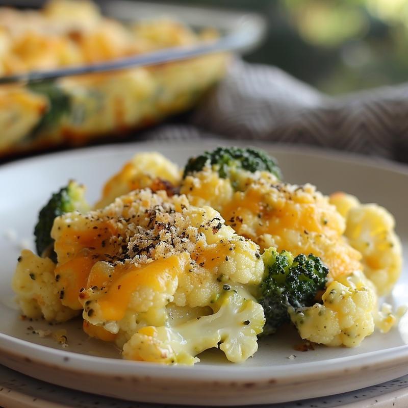 Close-up of a creamy cheesy broccoli cauliflower casserole on a light grey ceramic plate.