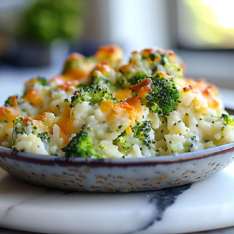 Close-up of velveeta broccoli rice casserole showcasing a creamy texture with bright green broccoli pieces.