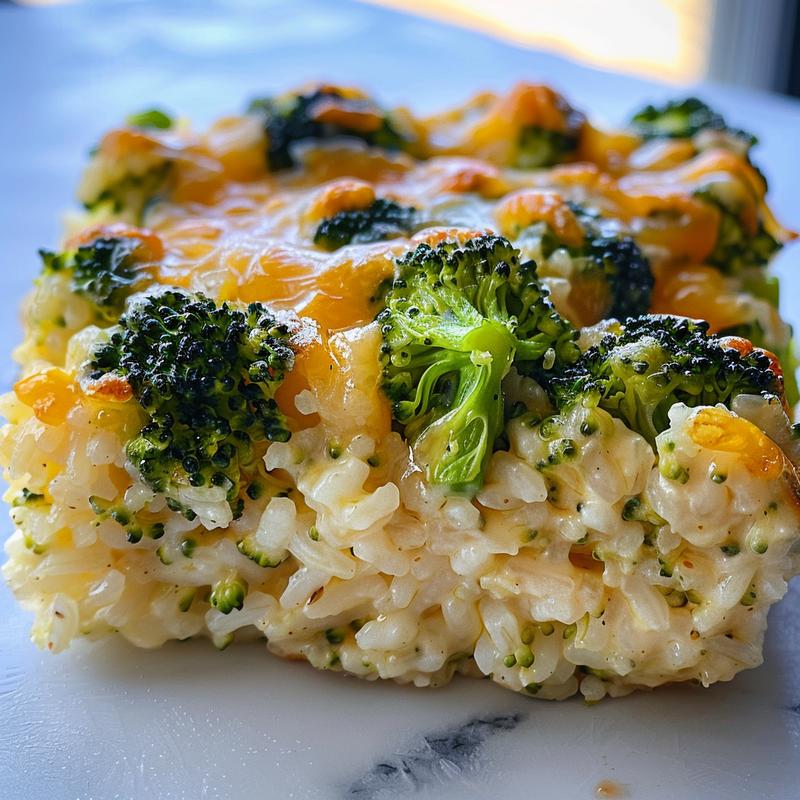 Close-up view of cheesy broccoli and rice casserole, highlighting its creamy texture and vibrant colors.