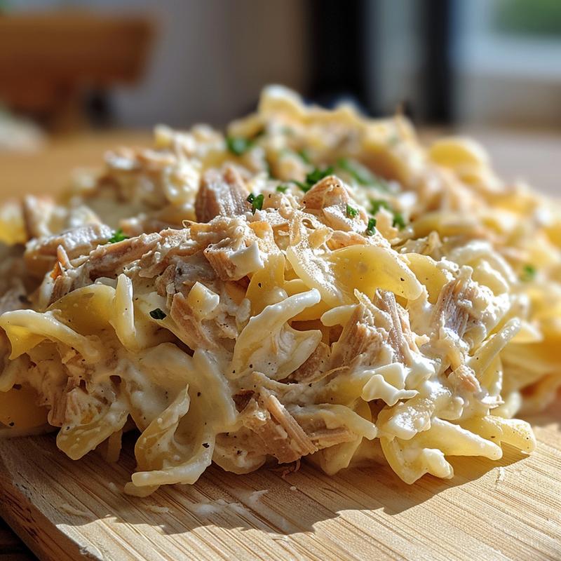 Close-up of a creamy tuna noodle casserole with a golden-brown top on a light wood board.