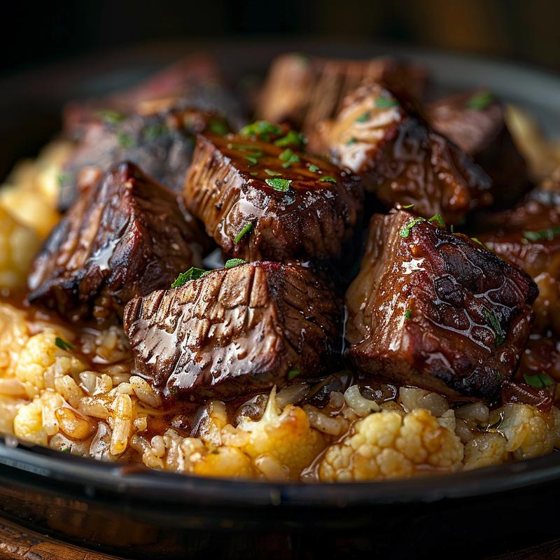 A close-up of a beef and cauliflower rice casserole served in a rustic bowl on a dark wooden table.