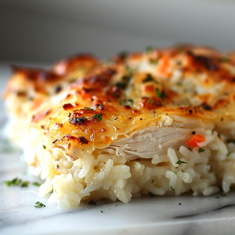 Close-up of a creamy chicken and rice casserole on a marble surface.