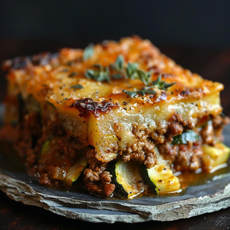 Close-up of ground beef zucchini casserole on a rustic chipped slate plate.