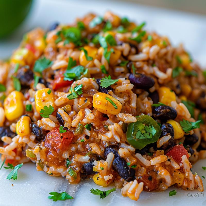 Close-up of a vibrant portion of Mexican rice casserole on a marble surface.