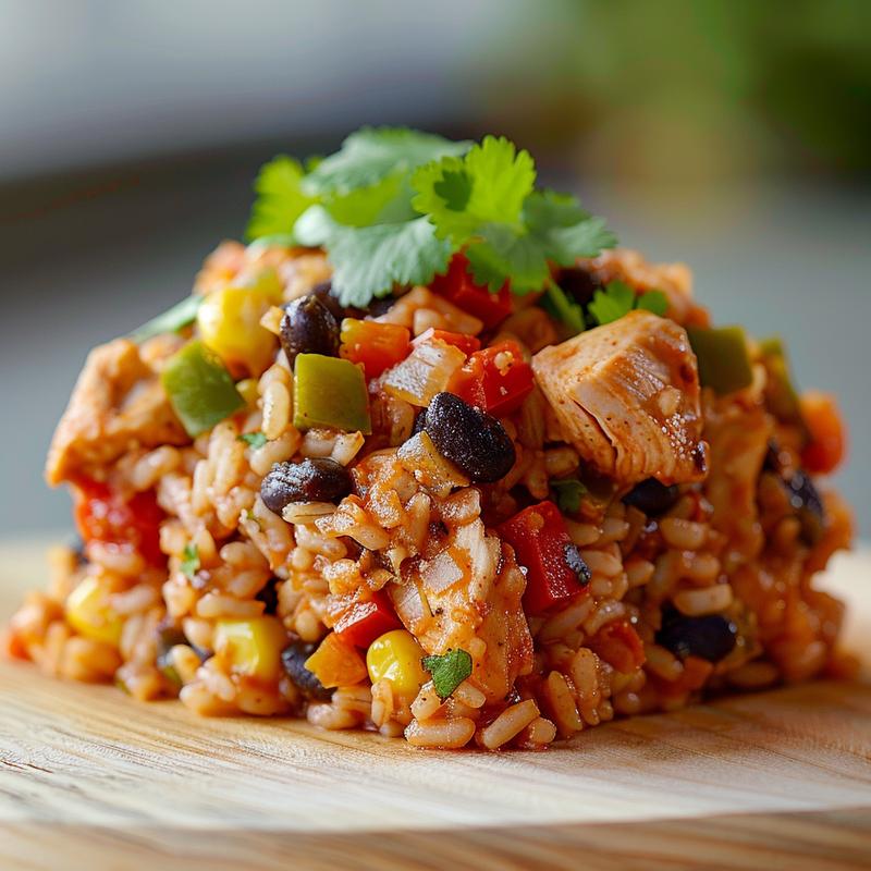A close-up view of a portion of Mexican chicken and rice casserole on a wooden board, showcasing vibrant colors and textures.