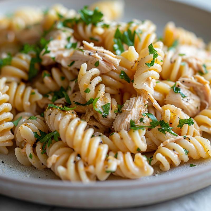 Extreme close-up of a portion of one pot shredded chicken pasta on a light grey plate.