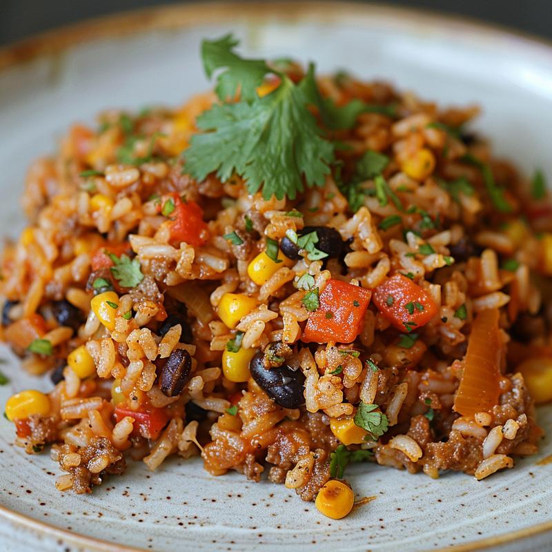 Close-up of a vibrant one pot Mexican rice casserole on a light grey plate.