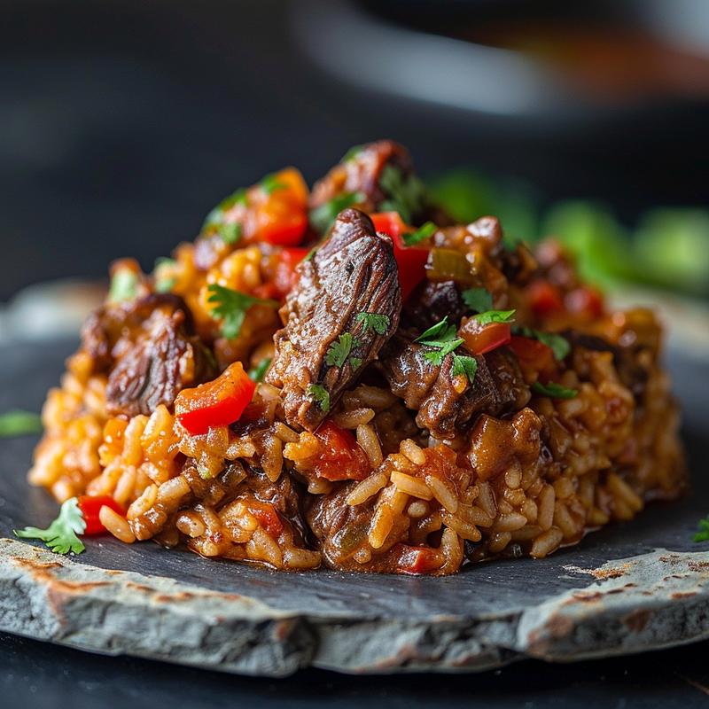 Close-up of a delicious Mexican beef and rice casserole served on a rustic slate plate.