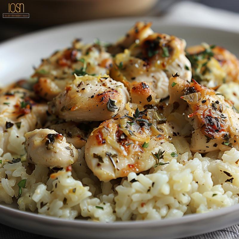 Close-up of a portion of lemon herb chicken and rice bake on a light grey plate.