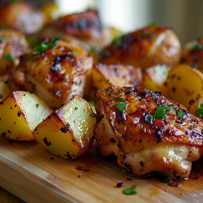 Close-up of a succulent baked chicken breast with crispy skin paired with golden roasted potatoes on a light wooden board.