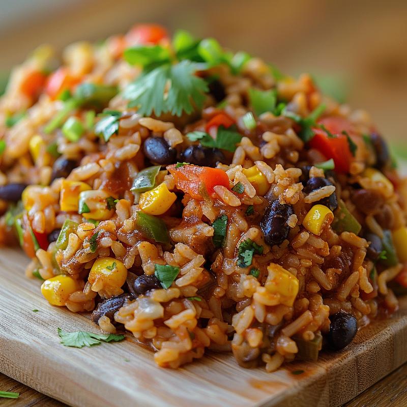 Close-up of a vibrant Mexican rice casserole on a natural wood board.