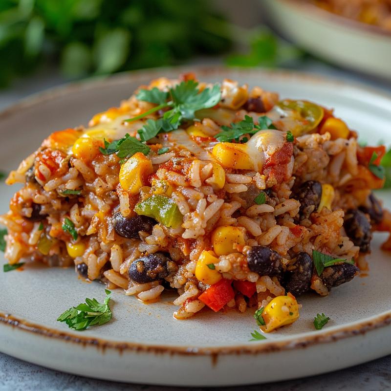 Close-up of a portion of Tex Mex rice casserole on a grey plate, showcasing its colorful ingredients.