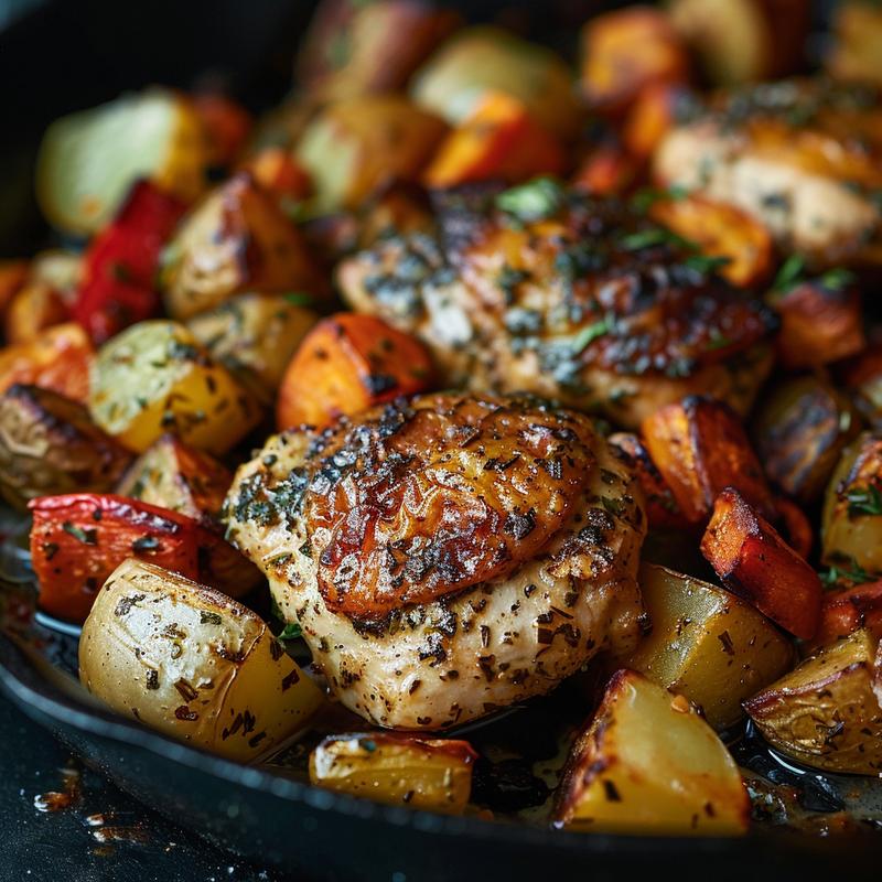 Close-up of a rustic one-pan herb chicken and roasted vegetables on a cast iron surface.