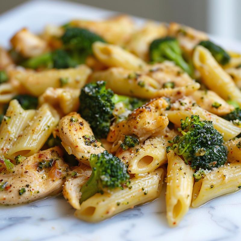 Close-up of a creamy chicken and broccoli pasta bake on a white marble surface.