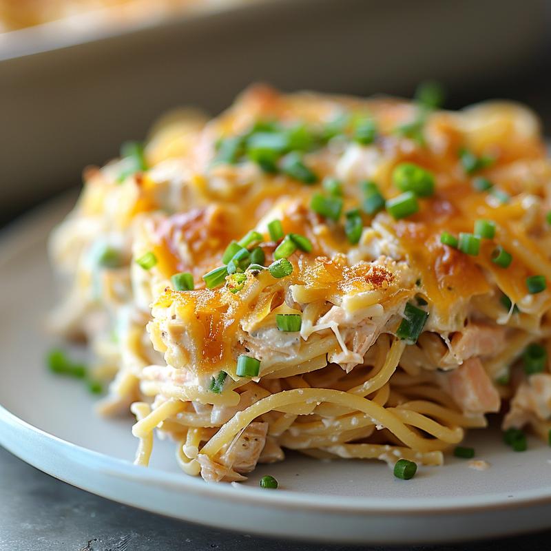 Close-up of a delicious portion of tuna noodle casserole on a light grey plate.