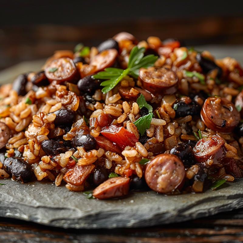 Close-up of black beans and rice with sausage on a rustic chipped slate plate, showcasing rich textures and shadows.
