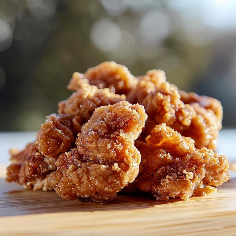 Close-up of a golden-brown chicken bake on a wooden board, showcasing flaky pastry and filling.