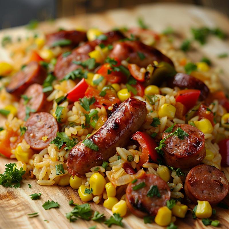 Close-up of baked sausages, rice, and colorful vegetables on a wooden board.