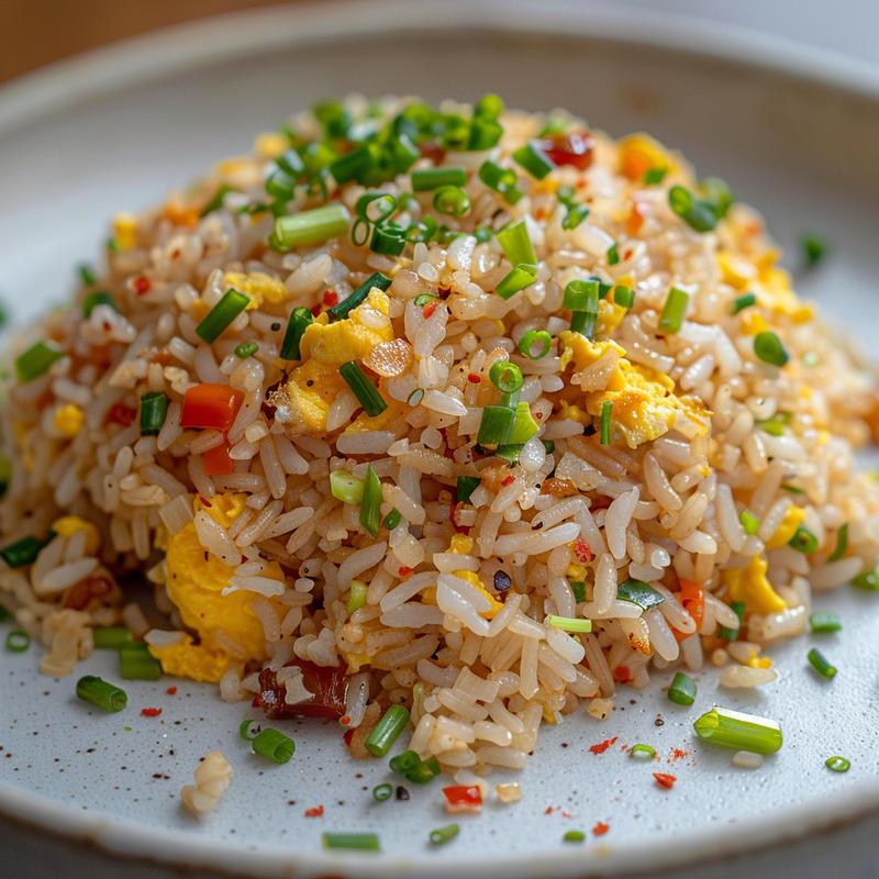 Close-up of a creamy portion of egg fried rice on a light grey plate.