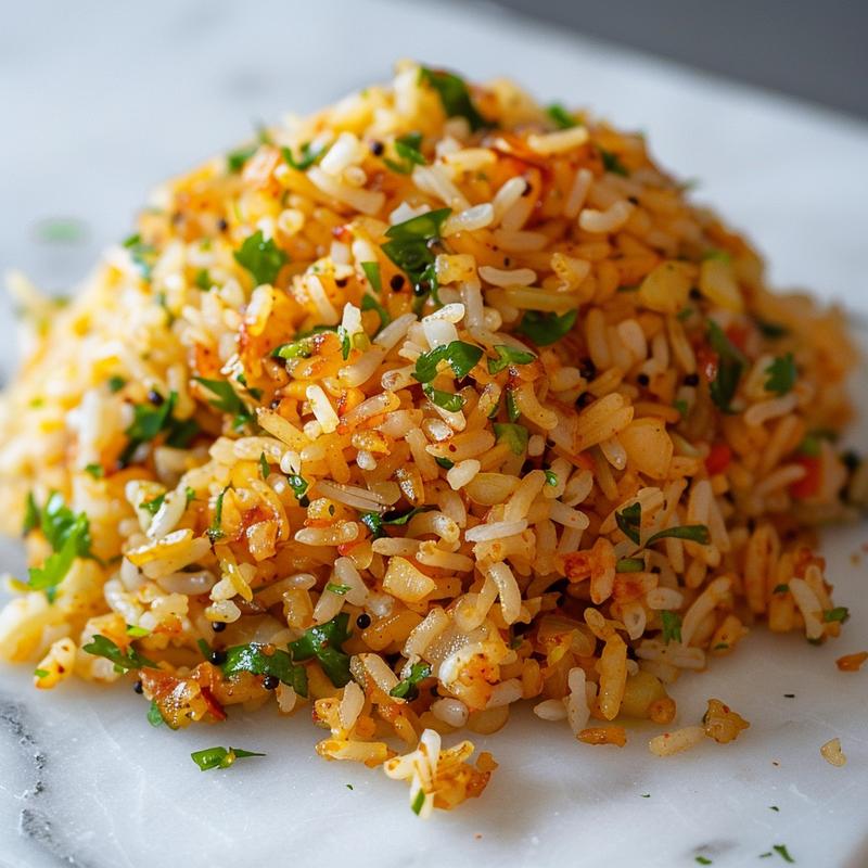 A close-up view of a vibrant portion of Indian fried rice on a marble surface, showcasing its rich textures.