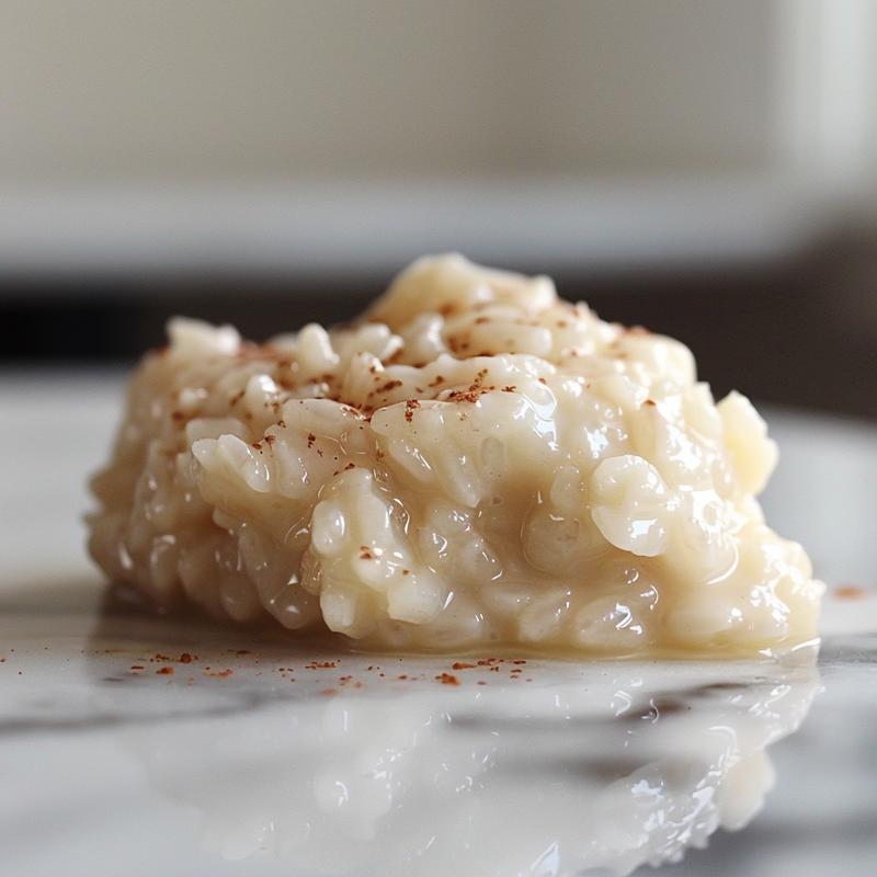 Close-up of creamy rice pudding with a smooth texture, served on a white marble surface.