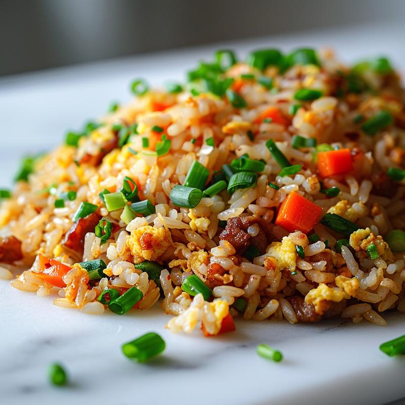 Close-up of a colorful portion of fried rice on a white marble surface.