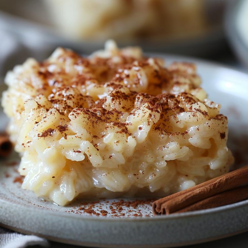 Close-up of a creamy rice pudding topped with a sprinkle of cinnamon on a light grey plate.