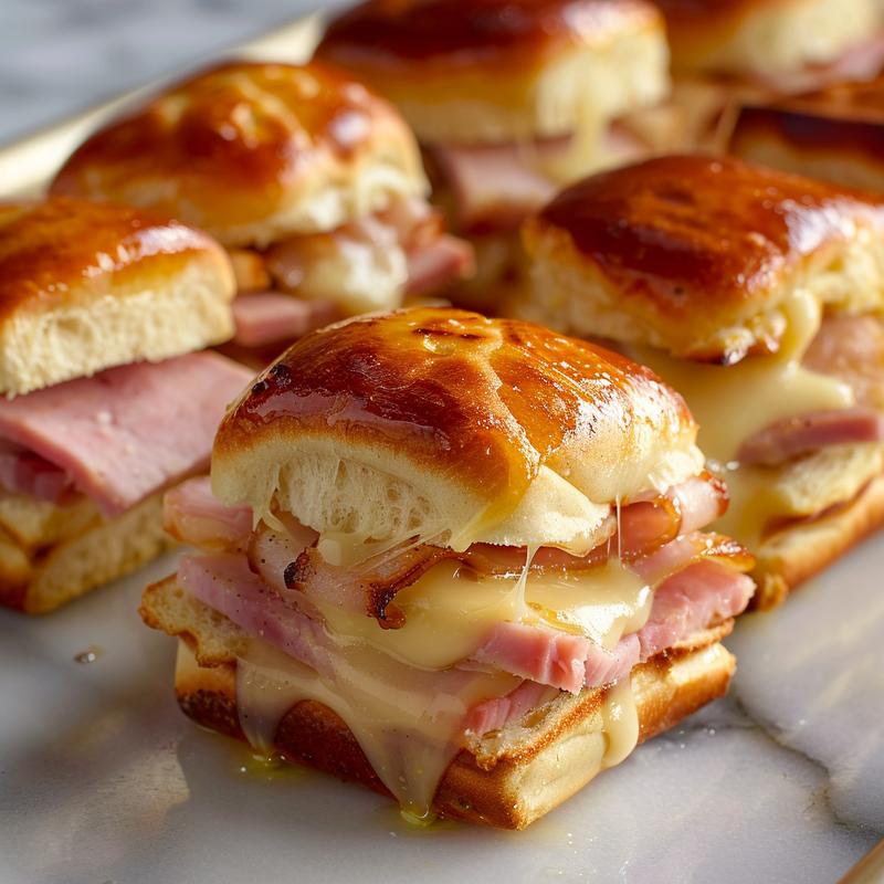 Close-up of baked ham and cheese sliders on Hawaiian rolls, showcasing melted cheese and golden-brown tops.