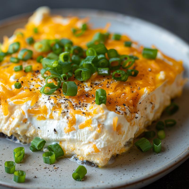 Close-up of creamy dip with cheddar, green onions on grey plate.
