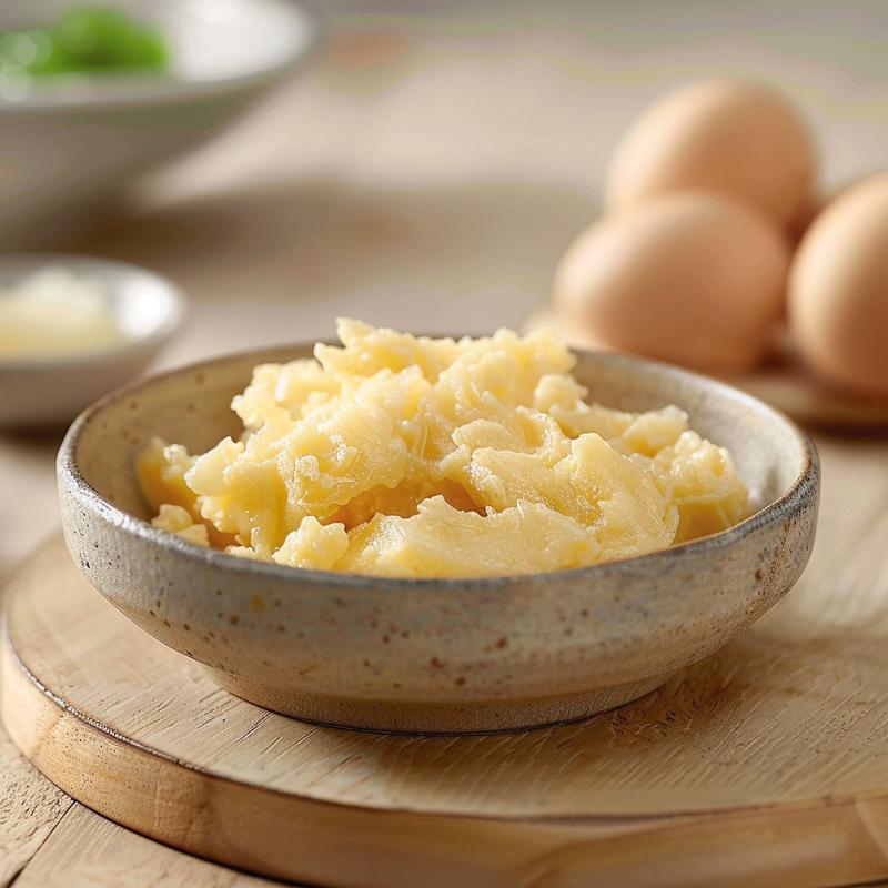A close-up view of a colorful egg roll in a bowl dish on a light wood surface.