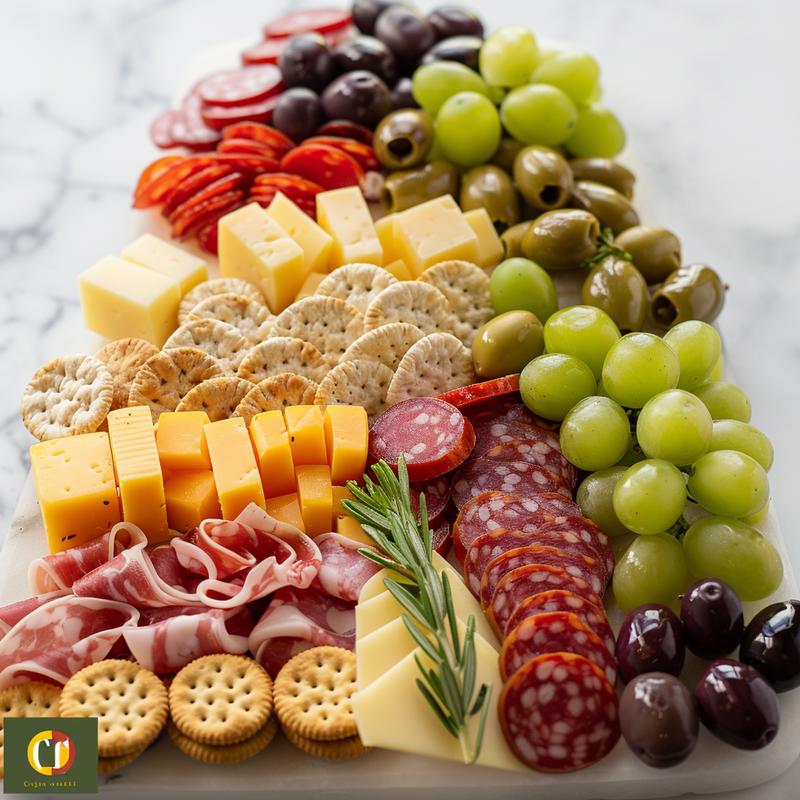 Close-up of a Christmas tree charcuterie board with cheeses, meats, crackers, fruits, and olives.
