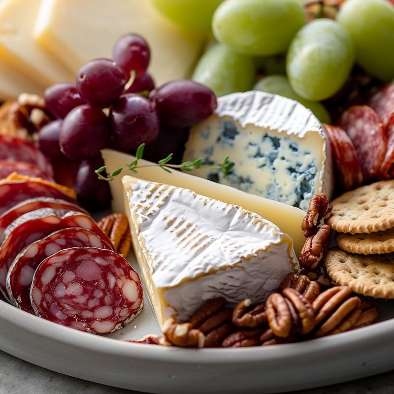 Close-up of a Thanksgiving cheese board featuring cheeses, meats, crackers, fruits, and nuts.