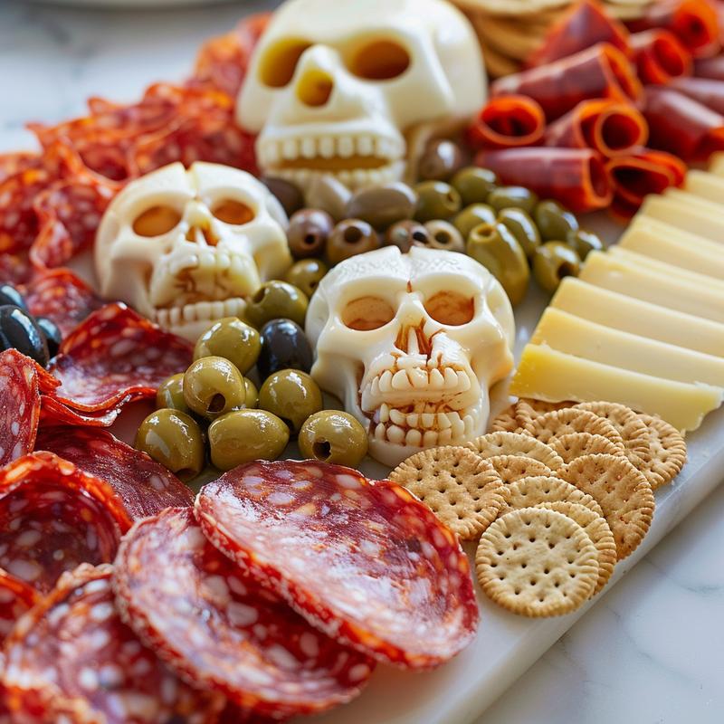 Skull-shaped cheese and various antipasto items on white marble.